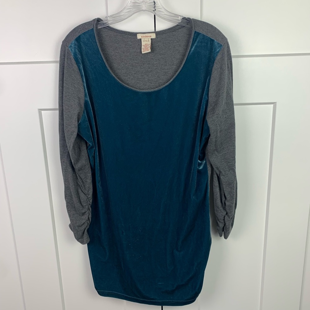 Sundance LARGE Ruched Teal Gray Velvet Long Sleeve Shirt Scoop Artsy Luxury